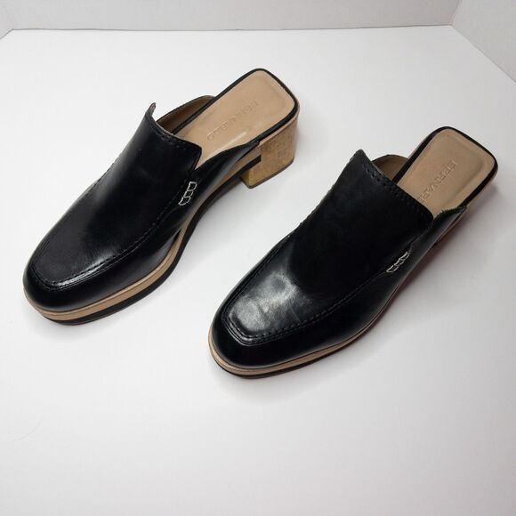Bernardo Black Leather Block Heel Mules Slides Women’s 10M Square Toe Clogs - Picture 13 of 16
